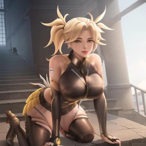 Masterpiece, Best Quality, (Realistic), Corneo_mercy, Spray, Strappy, Colorful Onlyfans Outfit, Choker, Tattoo, Curvy, PAWG, Hips, Push-ups, Chunky Heeled Boots, Makeup, Low Lighting, Stairs
