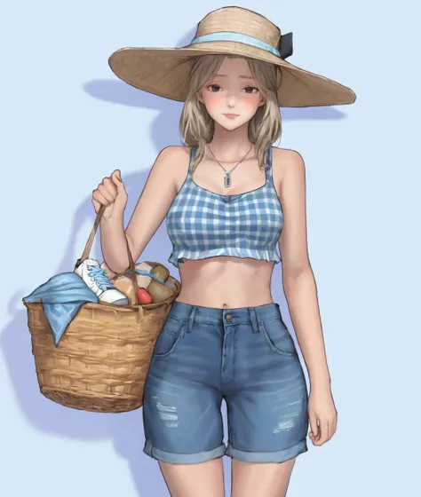 dal, , (intricate detail:1.2), 1girl, 1girl, black eyes, , Light blue gingham crop top, high-waisted denim shorts, white sneakers, layered pendant necklaces, straw bucket hat,, , Sake bar,, [content expression, satisfied, pleased, gratified:0.7], detailed background,