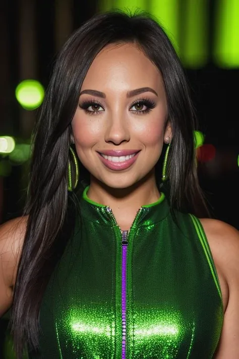 photo of beautiful ( ch3rylbrk3:0.99), a woman, smiling, ((wearing a lime green high collar disco zipped up jumpsuit)) ,at a disco, dark moody ambience (masterpiece:1.2) (photorealistic:1.2) (bokeh) (best quality) (detailed skin:1.2) (intricate details) (nighttime) (8k) (HDR) (cinematic lighting) (sharp focus), (looking at the camera:1.2), (closeup portrait:1.1), (necklace)