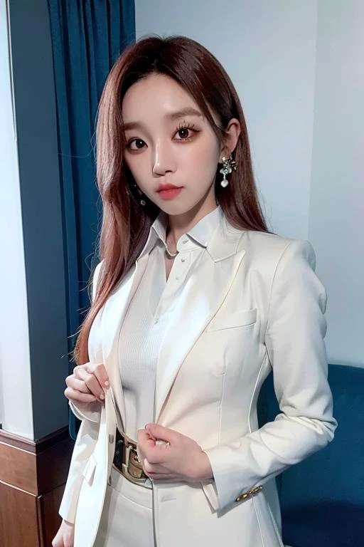 (Portraits:1.2),(white suit,white jacket, white necktiewhite suit pants),(white belt), (1 gold buckle),standing, Beautiful light, white_soft_light, cinematic light, perfect eyes, (intricate:1.2),(looking at camera:1.0), (raw photo:1.2),(photorealistic:1.2),(ultra realistic:1.5), (intricate:1.2), (ultra realistic:1.5),(korean mixed, kpop idol:1.3), (supreme quality hyper realistic texture human skin:1.1)
yuqi <lora:GIDLEsongyuqi_1:1>,looking at viewer,cowboy shot, long hair,