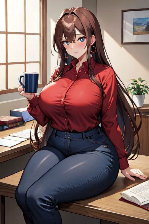 highres,masterpiece,mature female,wife, wide hips,cleavage,milf,plump,, looking at viewer, blue sky,day, nagatiti,1girl, solo, jewelry, brown hair, blue eyes, holding, shirt, earrings, blush, breasts, plump, cup, thick thighs, hairband, long hair, collared shirt, thighs, ahoge, coffee mug, pants, looking at viewer, gradient background, curvy, red shirt, gradient, office lady, feet out of frame, indoors, mug, bulge