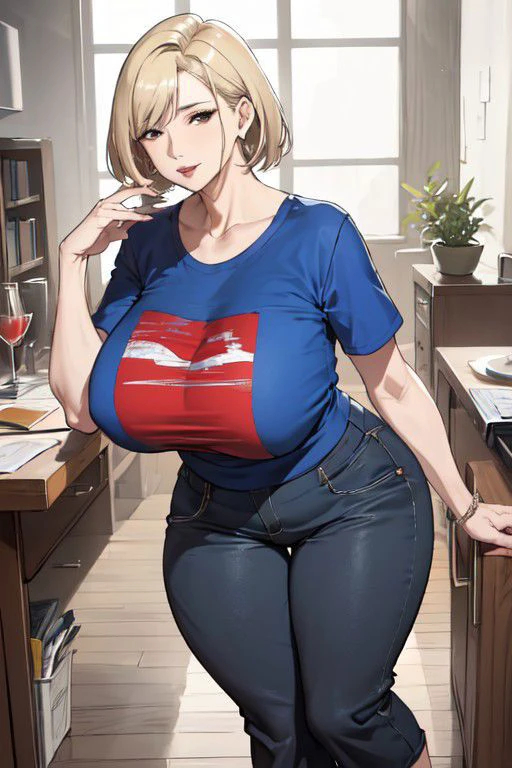 highres,masterpiece,(mature female:1.5),wife, wide hips,cleavage,milf,(plump:1.4), looking at viewer,1girl, solo, realistic, blonde hair, jewelry, earrings, sitting, shirt, pants, blue shirt, t-shirt, short hair, short sleeves, huge breasts,