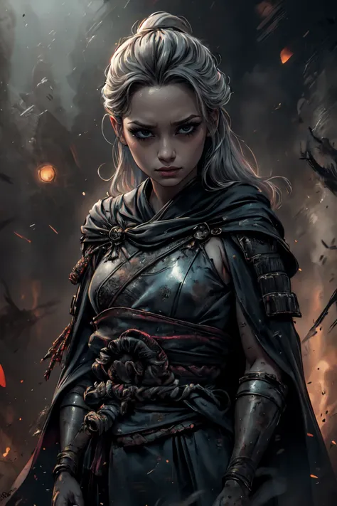 A woman in armor standing in front of a dark background - SeaArt AI
