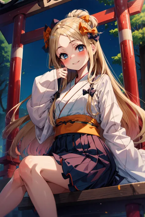 masterpiece,best quality,1girl,hmaw1,long hair,black bow,orange bow,miko clothes,long sleeves,long hakama,japanese shrine,smile,blush,sitting,<lora:abigail_v2:0.8>,<lora:MikoClothes_v2_1:0.2>,