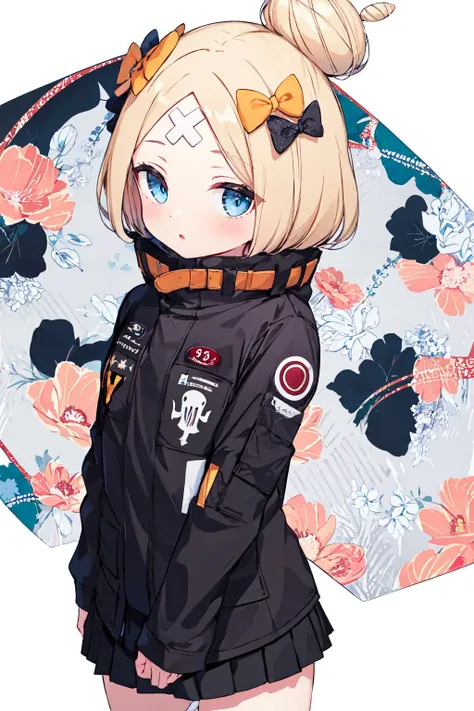 masterpiece, best quality, highres, hmaw3, short hair, bow, single hair bun, (black jacket:1.2), skirt, <lora:abigail_v1:0.8>, patterned background, looking at viewer,
pantyshot, white panties, blush,