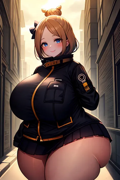 <lora:abigail_v2:1> <lora:venus body2:1.2> solo, 1girl, solo focus, masterpiece, intricate details, best quality, hmaw3, blue eyes, short hair, bow, single hair bun, (black jacket:1.2), skirt, venusbody, (gigantic breasts:1.1), gigantic hips,wide hips,thick thighs,(huge thighs:1.3), blush, smile, closed mouth, city, outdoors, alleyway, cloudy, intense shadows