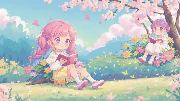 ((((solo girl reading a bookl)))):2.0 , double bun, gray gradient hair, air bangs, double braids,(((heart eyes))):1.7, border, Altostratus, (Sky):1.2,(Colorful Cloud):1.8 Landscape, Outdoor, Long Hair, Trees, Flowers, Skirt, Sitting, Shoes,(Grass): 2 (Dew):1.1, long sleeves, sports shoes, (open clothes):1.5, purple flowers, off shoulder, (\Red)\-flowers, (\white)\-shoes, ((\Yellow)\-flowers, (\pink)\-flowers, (\white)\-flowers):1.5,
