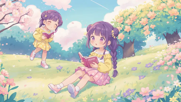 ((((solo girl reading a bookl)))):2.0 , double bun, gray gradient hair, air bangs, double braids,(heart eyes):1.7, border, Altostratus, (Sky):1.2,(Colorful Cloud):1.8 Landscape, Outdoor, Long Hair, Trees, Flowers, Skirt, Sitting, Shoes,(Grass): 2 (Dew):1.1, long sleeves, sports shoes, (open clothes):1.5, purple flowers, off shoulder, (\Red)\-flowers, (\white)\-shoes, ((\Yellow)\-flowers, (\pink)\-flowers, (\white)\-flowers):1.5,