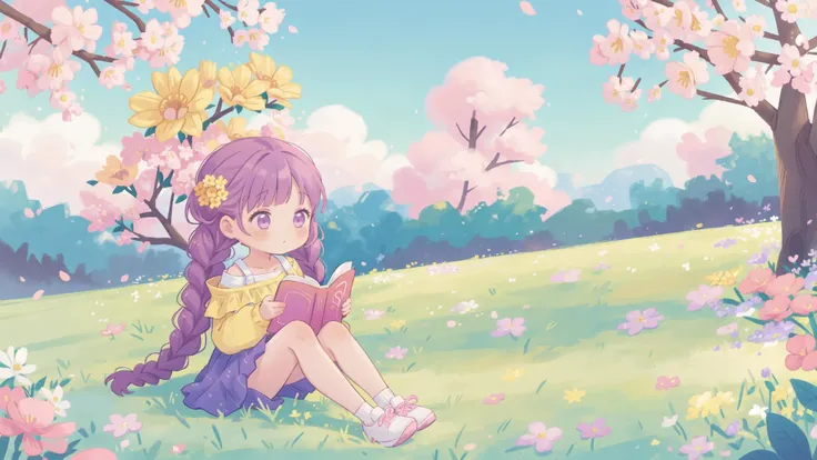 ((((solo girl reading a bookl)))):2.0 , double bun, gray gradient hair, air bangs, double braids,(heart eyes):1.7, border, Altostratus, (Sky):1.2,(Colorful Cloud):1.8 Landscape, Outdoor, Long Hair, Trees, Flowers, Skirt, Sitting, Shoes,(Grass): 2 (Dew):1.1, long sleeves, sports shoes, (open clothes):1.5, purple flowers, off shoulder, (\Red)\-flowers, (\white)\-shoes, ((\Yellow)\-flowers, (\pink)\-flowers, (\white)\-flowers):1.5,