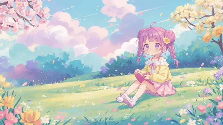 ((((solo girl)))):2.0 , double bun, gray gradient hair, air bangs, double braids,(heart eyes):1.7, border, Altostratus, (Sky):1.2,(Colorful Cloud):1.8 Landscape, Outdoor, Solo, Long Hair, Trees, Flowers, Skirt, Sitting, Shoes,(Grass): 2 (Dew):1.1,  long sleeves,  sports shoes, open clothes, purple flowers, off shoulder, Red flowers, white shoes,  (Yellow flowers, pink flowers, white flowers):1.5,