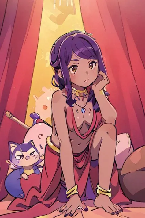 (masterpiece, best quality), 1girl, beautiful face, <lora:IshtarDanmachi:1> 1girl, dark skin, brown eyes, long hair, purple hair, side swept bangs, red dress, loincloth, pelvic curtain, topless, jewelry, anklet, bangle, barefoot, bracelet, necklace, |