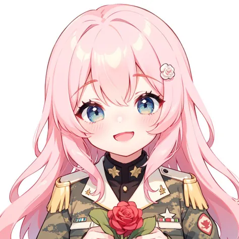 Masterpiece, best quality, 1 girl, beautiful eyes, blue eyes, white background, long hair, soft pink hair, camouflage militar uniform, looking at viewer <lora:Emotes-remaster-v4:1>, happy, holding a red rose
