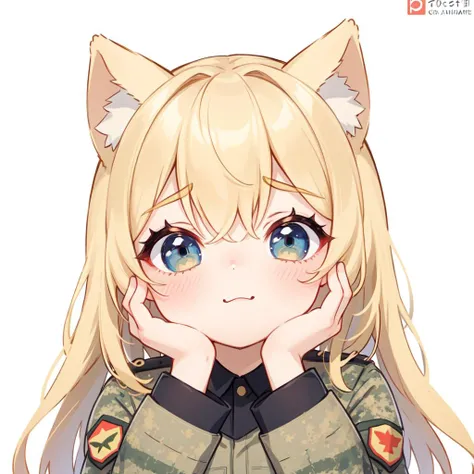 Masterpiece, best quality, 1 girl, beautiful eyes, blue eyes, white background, long hair, soft golden hair, camouflage militar uniform, wolf ears, looking at viewer <lora:Emotes-remaster-v4:1>, embarassed with hands on cheek