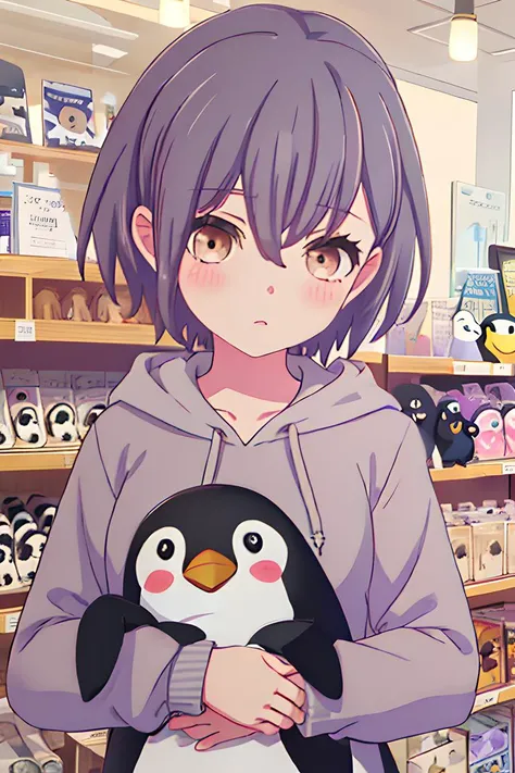 (A girl holding a penguin doll), best quality, masterpiece, highres, short_hair, blush, (((hair_between_eyes))), upper_body, brown_eyes, grey_hair, 1girl, purple_hair,  <lora:takamatsu_tomori_bangdreamitsmygo:0.85>, toy store, hoodie, Muppets, doll, looking at viewer