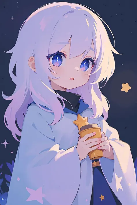 1girl, cute, wearing an oversized wizard costume, magical, starry night, (masterpiece, best quality), cinematic lighting, high contrast, 8k, digital art, sparkle, bloom