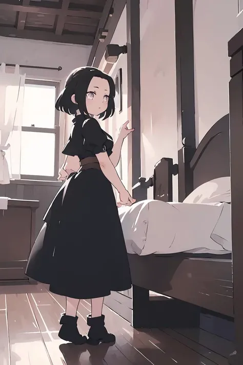 (masterpiece, best quality), 1girl, <lora:Agata_LoRA:1> AgataWitch, black dress, bedroom, full body,