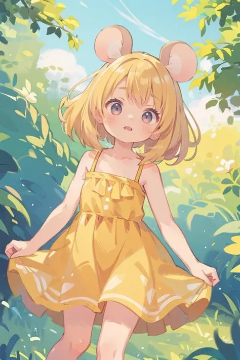 (masterpiece, best quality), 1girl, beautiful face, <lora:Mousegirls_MINI:1> mousegirl, mouse ears, sundress, outdoors, blonde hair,