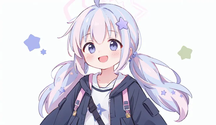 masterpiece, best quality, <lora:reisa-v20231007:1> 1girl, solo, star hair ornament, star \(symbol\), low twintails, halo, bangs, long hair, white background, blush, smile, doyagao,