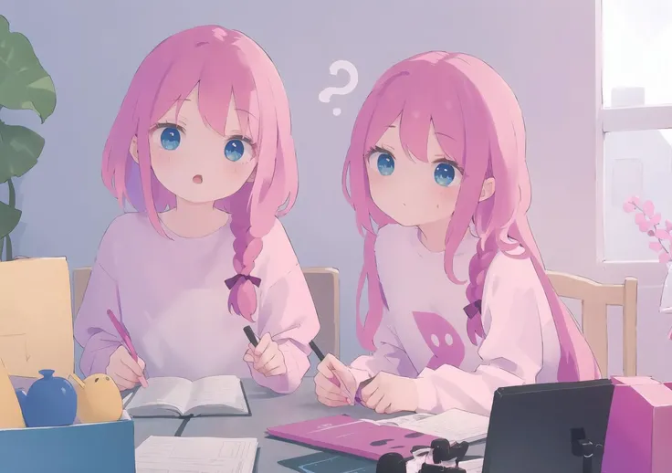 masterpiece, best quality, long hair,  braid, pink hair,  very long hair, blue eyes, <lora:ãã«ãã¼ã :1>, 2girls,