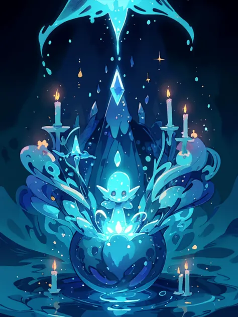best quality, masterpiece,  jp-dscute1-4750 1girl,  solo,  half shot, looking away, (glowing eyes:1.1), detailed background, detailed face, (<lora:WorldofWater:0.6>, worldofwater theme:1.1), spirit-mage, aethermancer, transcendent countenance, blue hooded wizard robes, flowing clothes, sapphire mystical talisman, (ethereal cerulean color scheme:1.1), dynamic pose,   magical candles,   spirit realm in background, mysterious shadows,  eerie ethereal atmosphere,  <lora:detail_slider_v4:2>