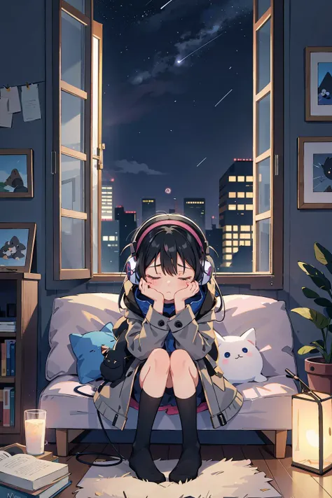 (masterpice, official art) 1girl, grey coat, coat ornament, black hair, window, room, sad look, depressed, sitting on a sofa, night, star on night sky, headphones, closed eyes,