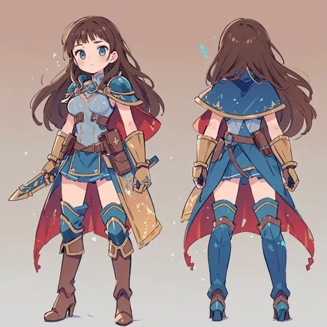 Multi-view,front view,rear view,concept art,character standing painting,1girl,armor,helmet,high heels,long hair,shoulder armor,multiple views,sheath,boots,brown hair,breasts,standing,gauntlets,high heel boots,full body,cape,sheathed,gloves,looking at viewer,gradient,gradient background,