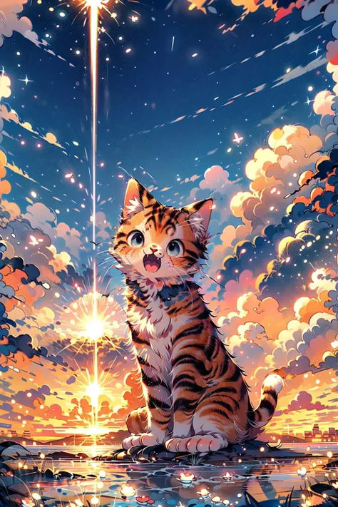 <lora:cat_20230627113759:0.7>, soft light, dynamic posture, ((no human, no people, no man, no woman)):1.3, glistening, cat, happy smile, soft light, light on face,
BREAK((solo, 1cat, adorable , young cat, cute cat, short hair), (full body:1.35), dynamic angle, detailed shadow, detailed lightning, (wide view, wide-angle lens)),
BREAK(<lora:happyNewYear:0.4>, firstSunrise,outdoors, heavenly , mountainous horizon, sunrise, sunlight, ocean, feeling peaceful and happy),
BREAK(<lora:more_details:0.7>, extremely detailed, CG, 8k Amazing, finely detail, (masterpiece:2.0, best quality), (intricate details, depth of field),RAW photo, 8k UHD),
<lora:fireworks_20230730090722:0.6>, sky, fireworks:1.2, scenery,