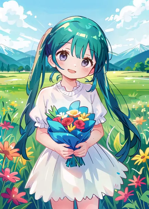 komichi aya, blue hair, twintails,
holding bouquet, plains, mountains, smile, head tilt, 1girl, solo,
<lora:150charsKiraiNAI:1>