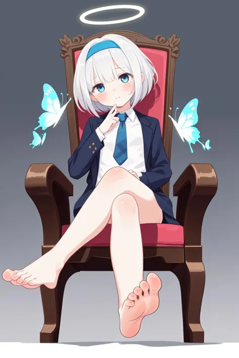 Masterpiece,best quality,top tier,1 girl,viewed from below (with feet focused),medium chest,hollow eyes,annoying face,sitting in a chair (with bare feet),
A simple background,
Arona (blue file ),arona,white hair band,butterfly tie hair band,halo,butterfly tie hair band,short hair,single braid,