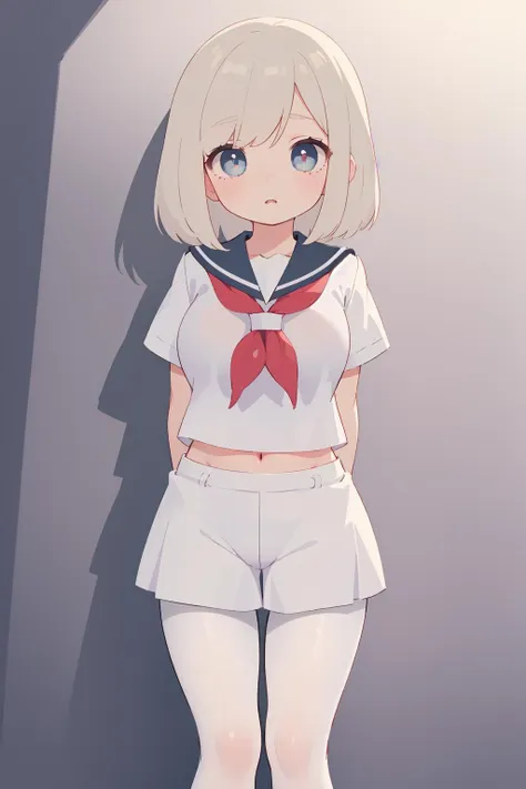 masterpiece,best quality,1girl,(Straight hair:1.3),((hands behind back)),sailor suite,white shorts under skirt,gale,(medium breasts),(pantyhose),kawaii eyes,detailed eyes,detailed skin,lean against the wall,crossed legs,cinematic lighting,depth of field,