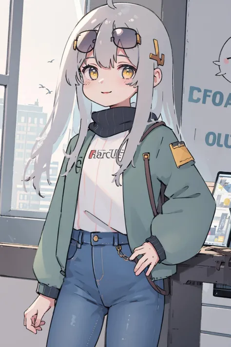 (masterpiece, top quality, best quality, official art, beautiful and aesthetic:1.2),<lora:Luolis:0.7>,1girl,grey hair,yellow eyes,jacket,jeans,(sunglasses:1.2),smile,