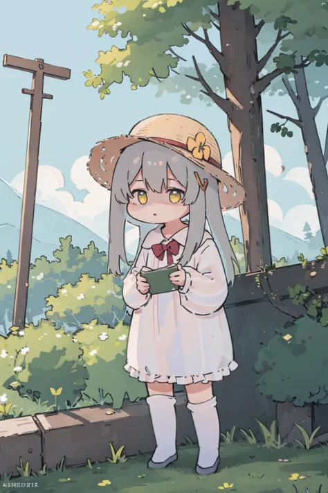 (masterpiece, top quality, best quality, official art, beautiful and aesthetic:1.2),<lora:Luolis:0.7>,1girl,grey hair,yellow eyes,dress,straw_hat,tree,