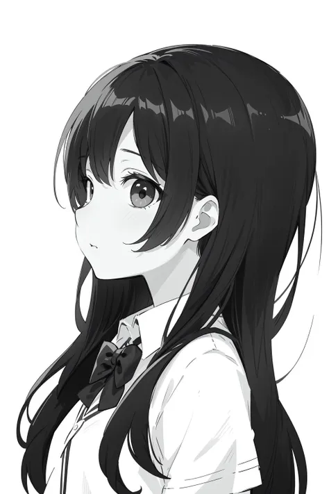 (low contrast, black and white, line draft:1.2),masterpiece,best quality,black hair,(mature female),1girl,upper body,solo,looking at viewer,school uniform,long straight hair,(profile:0.8),