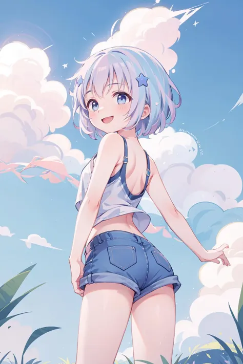 Masterpiece,best quality,1Girl,solo,shorts,short hair,from below,sky,clouds,denim shorts,sky,denim,smile,cut,back arms,blue shorts,shorts,bare shoulders,blue sky,
star hair ornament,<lora:reisa-v20231007:1>,