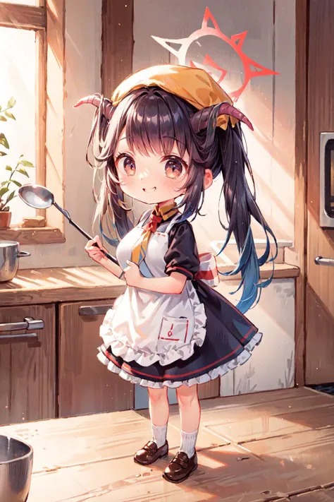 <lora:Fuuka_Bluearchive:0.8>, ((zzFuuka, red eyes, black hair, long hair, horns, halo, demon horns, twintails black dress, white apron, frilled apron, holding ladle, orange headwear, school uniform, necktie, ((chibi)), smirk smile)):1.23,
BREAK ((1woman, young woman, adorable, clear face, young face, solo)), ((full body)):1.33,
BREAK soft light, cinematic lighting, detailed(shadow, glow),
BREAK <lora:add_detail:0.45>, extremely detailed, ,4K, CG, finely detailed, (masterpiece, best quality):2.0, ((photorealistic:1.15)),
BREAK <lora:uber_saggy2:0.68>, saggy, sagging_breasts, <lora:Big_boobs:0.36>, ((huge breasts)), <lora:GoodHands-vanilla:0.75>,
(indoors, kitchen, pot, ladle, kitchen knife, cutting board, interior decoration kitchen, holding a ladle, several posture):1.1