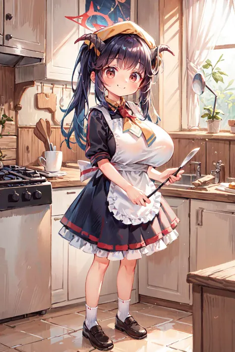 <lora:Fuuka_Bluearchive:0.8>, ((zzFuuka, red eyes, black hair, long hair, horns, halo, demon horns, twintails black dress, white apron, frilled apron, holding ladle, orange headwear, school uniform, necktie, ((chibi)), smirk smile)):1.23,
BREAK ((1woman, young woman, adorable, clear face, young face, solo)), ((full body)):1.33,
BREAK soft light, cinematic lighting, detailed(shadow, glow),
BREAK <lora:add_detail:0.45>, extremely detailed, ,4K, CG, finely detailed, (masterpiece, best quality):2.0, ((photorealistic:1.15)),
BREAK <lora:uber_saggy2:0.68>, saggy, sagging_breasts, <lora:Big_boobs:0.36>, ((huge breasts)), <lora:GoodHands-vanilla:0.75>,
(indoors, kitchen, pot, ladle, kitchen knife, cutting board, interior decoration kitchen, holding a ladle, several posture):1.1