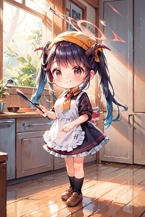 <lora:Fuuka_Bluearchive:0.8>, ((zzFuuka, red eyes, black hair, long hair, horns, halo, demon horns, twintails black dress, white apron, frilled apron, holding ladle, orange headwear, school uniform, necktie, ((chibi)), smirk smile)):1.23,
BREAK ((1woman, young woman, adorable, clear face, young face, solo)), ((full body)):1.33,
BREAK soft light, cinematic lighting, detailed(shadow, glow),
BREAK <lora:add_detail:0.45>, extremely detailed, ,4K, CG, finely detailed, (masterpiece, best quality):2.0, ((photorealistic:1.15)),
BREAK <lora:uber_saggy2:0.68>, saggy, sagging_breasts, <lora:Big_boobs:0.36>, ((huge breasts)), <lora:GoodHands-vanilla:0.75>,
(indoors, kitchen, pot, ladle, kitchen knife, cutting board, interior decoration kitchen, holding a ladle, several posture):1.1