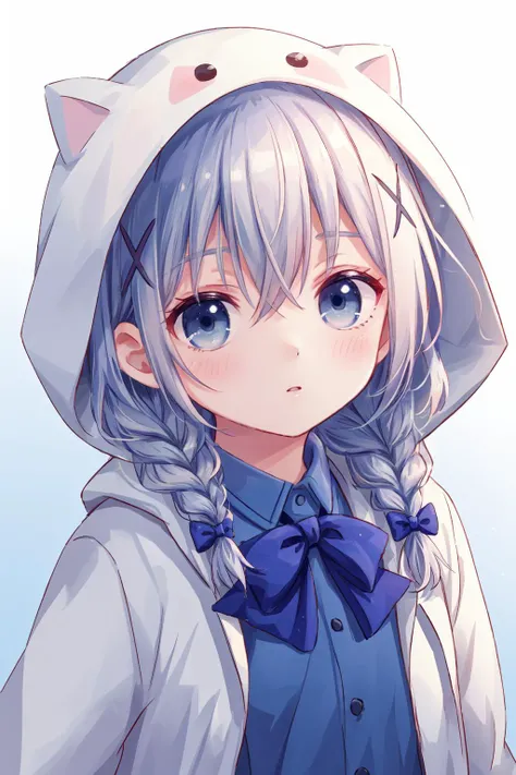 masterpiece,best quality,original,very detailed 8K portrait,detailed eyes,very delicate and beautiful,bow,absurdres,<lora:add_detail:0.7>,<lora:Xian-Tæé¨ä¿®å¤:0.5>,<lora:kafuu_chino:1>, chino sleep,twin braids,hair between eyes,hooded jacket,animal hood,x hair ornament,
