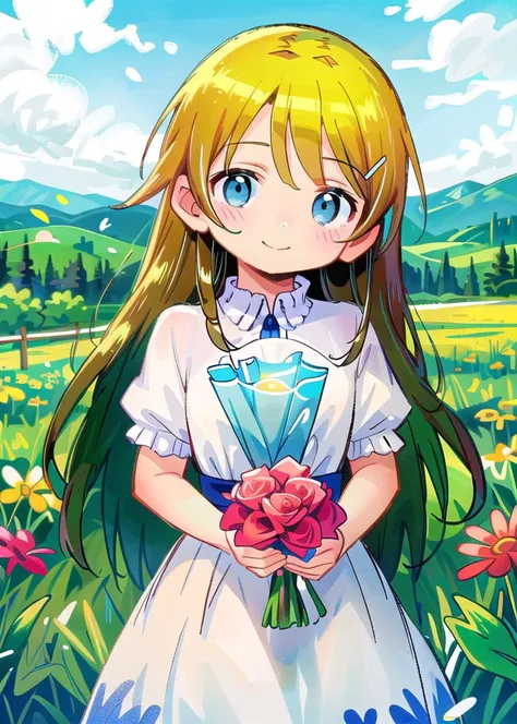 kousaka kirino,
holding bouquet, plains, mountains, smile, head tilt, 1girl, solo,
<lora:150charsKiraiNAI:1>