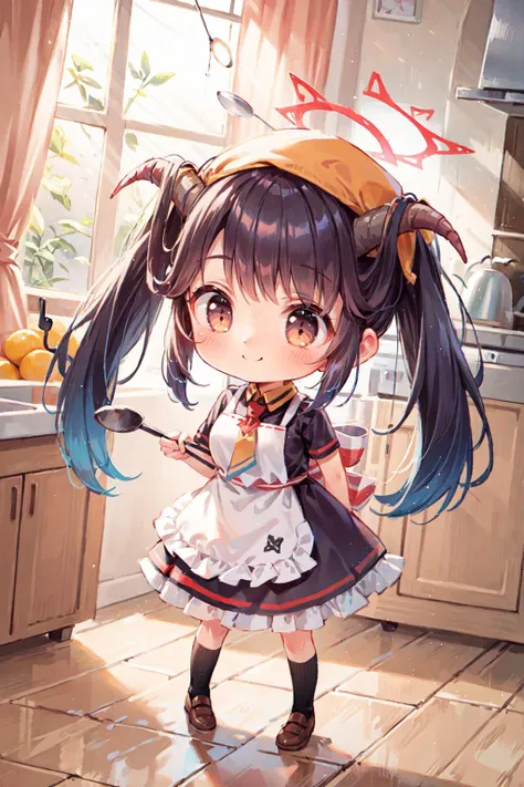 <lora:Fuuka_Bluearchive:0.8>, ((zzFuuka, red eyes, black hair, long hair, horns, halo, demon horns, twintails black dress, white apron, frilled apron, holding ladle, orange headwear, school uniform, necktie, ((chibi)), smirk smile)):1.23,
BREAK ((1woman, young woman, adorable, clear face, young face, solo)), ((full body)):1.33,
BREAK soft light, cinematic lighting, detailed(shadow, glow),
BREAK <lora:add_detail:0.45>, extremely detailed, ,4K, CG, finely detailed, (masterpiece, best quality):2.0, ((photorealistic:1.15)),
BREAK <lora:uber_saggy2:0.68>, saggy, sagging_breasts, <lora:Big_boobs:0.36>, ((huge breasts)), <lora:GoodHands-vanilla:0.75>,
(indoors, kitchen, pot, ladle, kitchen knife, cutting board, interior decoration kitchen, holding a ladle, several posture):1.1