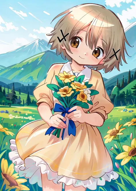 yuno \(hidamari sketch\),
holding bouquet, plains, mountains, smile, head tilt, 1girl, solo,
<lora:150charsKiraiNAI:1>