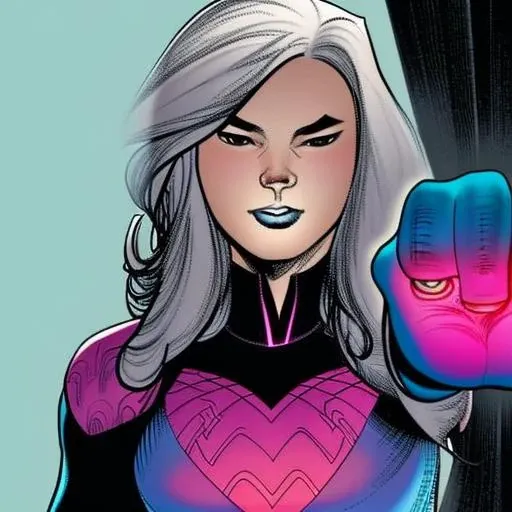cozmikduzk1, a cartoon girl with pink hair, pointing at camera with her finger , heart logo design, upper_body, shirt_open, rainbow hair, cinematic lighting, superhero pose, extremely detailed, joe madureira, arterm, wlop, cozmikduzk1