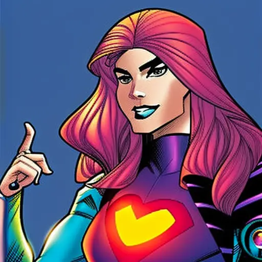 cozmikduzk1, a cartoon girl with pink hair, pointing at camera with her finger , heart logo design, upper_body, shirt_open, rainbow hair, cinematic lighting, superhero pose, extremely detailed, joe madureira, arterm, wlop, cozmikduzk1