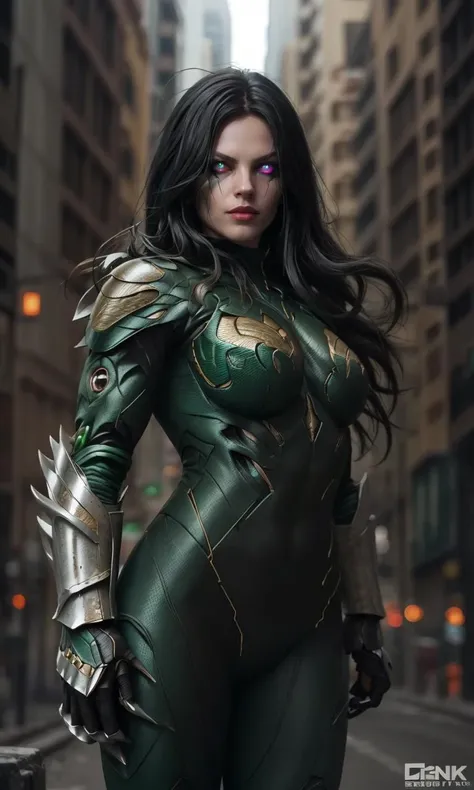 theDarkness2023, 1girl, claws, bio-mechanical armor, gauntlets, green suit, glowing eyes, best quality, masterpiece, 8k, uhd, night, new york, vibrant colors, female focus
