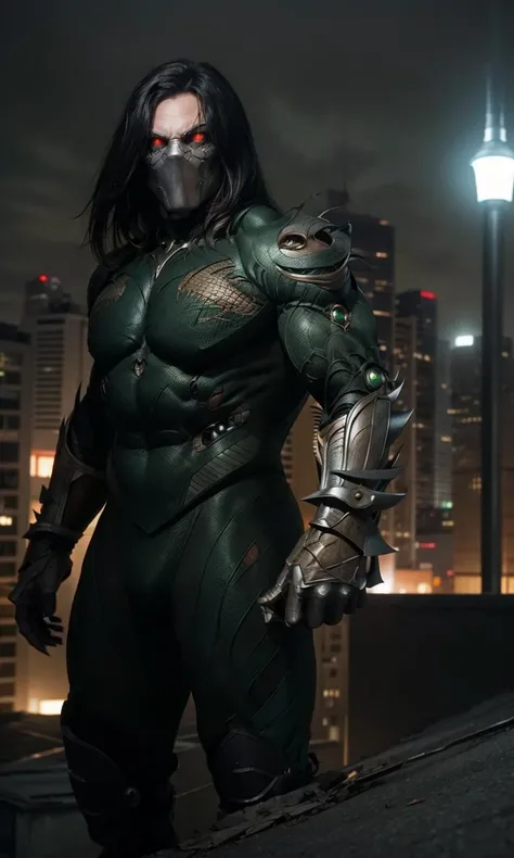 theDarkness2023, man standing on rooftop, claws, bio-mechanical armor, gauntlets, green suit, glowing eyes, muscular, best quality, masterpiece, 8k, uhd, night, new york, gloomy, surrounded by small demons