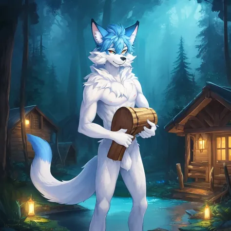 a preternaturally handsome skinny anthropomorphic furry fox guy with big eyes and big ears, (blue and white fur), grinning widely and showing his canine fangs, standing ((naked)) holding his big cock, in front of a decrepit log cabin in a dark swamp valley, realistic rendering, very fine detail, 8k, thick fur, big testicles, happy, masterpiece, sharp focus with bokeh, airbrush painting