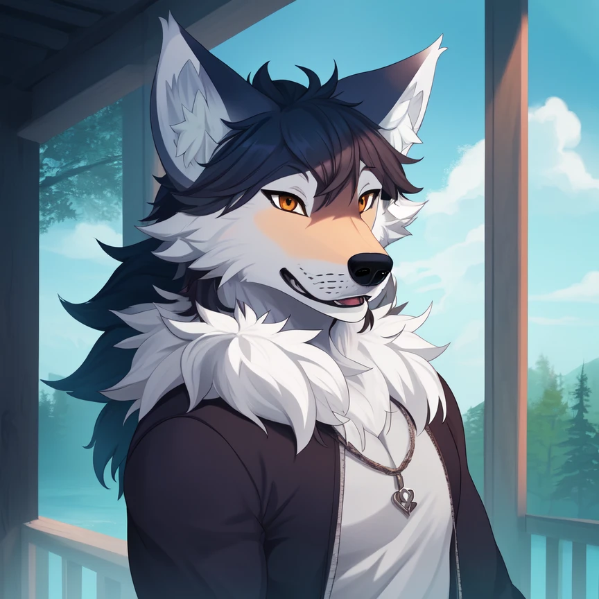 Masterpiece, best quality, Wolf_male, detailed_fluffy_fur, uploaded_to_e621, antro, furry_male, Masterpiece, Best_quality, solo, (Antro), kemono art style, sfw
