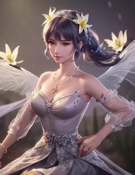 ultra realistic 8k cg, picture-perfect face, flawless, clean, masterpiece, professional artwork, famous artwork, cinematic lighting, cinematic bloom, perfect face, beautiful face, fantasy, dreamlike, unreal, science fiction,   lace, lace trim, lace-trimmed legwear,  (rich:1.4), prestige, luxury, jewelry, diamond, gold, pearl, gem, sapphire, ruby, emerald, intricate detail, delicate pattern, charming, alluring, seductive, erotic, enchanting, hair ornament, necklace, earrings, bracelet, armlet,halo
((,1girl, pov,))  ((, 1girl, solo, star_\(symbol\),lily \(flower\),hair flower, dress, jewelry))<lora:DA_BaiChenXiang:0.6>