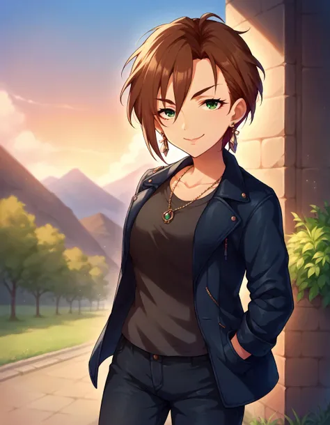 score_9,score_8_up,score_7_up,1girl,solo,cowboy shot,looking at viewer,smile,closed mouth,outdoors,
<lora:kibamanami_ponyXLV6:0.8>,cgkmn,short hair,brown hair,green eyes,
earrings,necklace,jacket,pants