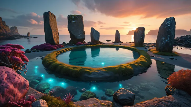 photorealistic detailed digital illustration of a circle of standing stones, 8k, Bioluminescent reefs teeming with vibrant marine life in the background,, dream, cin3 neosurrealism, in the style of Scottish landscape art, trending on artstation, Greg Rutkowski  <lora:MJ52:0.8> <lora:PAseer-SDXL-DreamLandV1:0.8> <lora:cine:0.7>